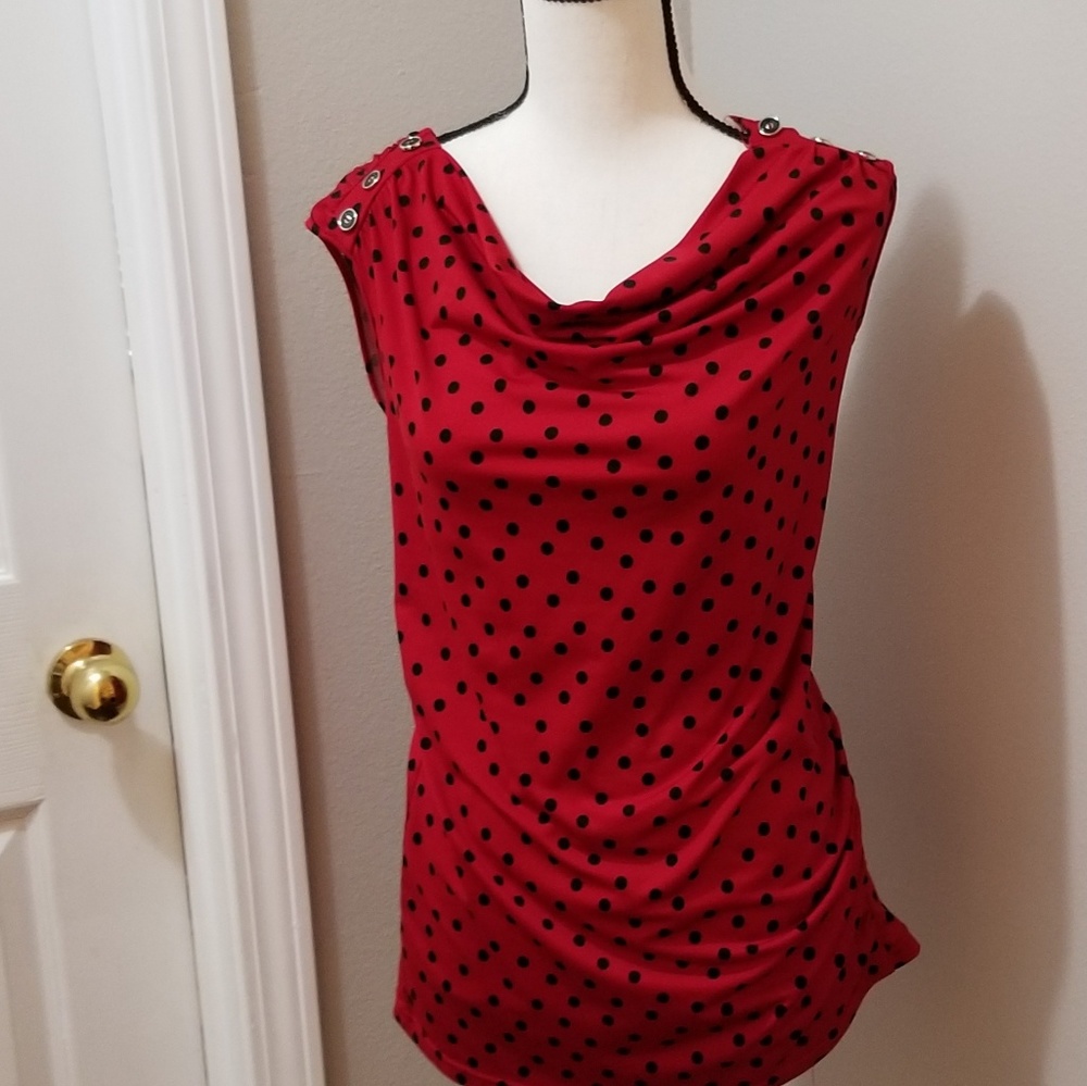 Roz & Ali sz S Red cowl neck top & polka dots